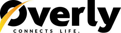 Overly logo — bold black wordmark with yellow-orange swoosh and uppercase tagline “CONNECTS LIFE.”