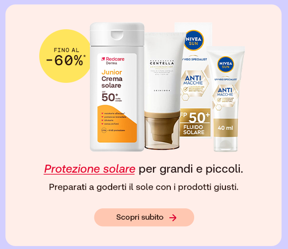 “Prodotti per la protezione solare, tra cui Redcare Junior SPF 50+, SKIN1004 e NIVEA Sun SPF 50+, con offerta fino al -60%. Testo: ‘Protezione solare per grandi e piccoli’ con pulsante ‘Scopri subito’.” “Prodotti per la protezione solare, tra cui Redcare Junior SPF 50+, SKIN1004 e NIVEA Sun SPF 50+, con offerta fino al -60%. Testo: ‘Protezione solare per grandi e piccoli’ con pulsante ‘Scopri subito’.”