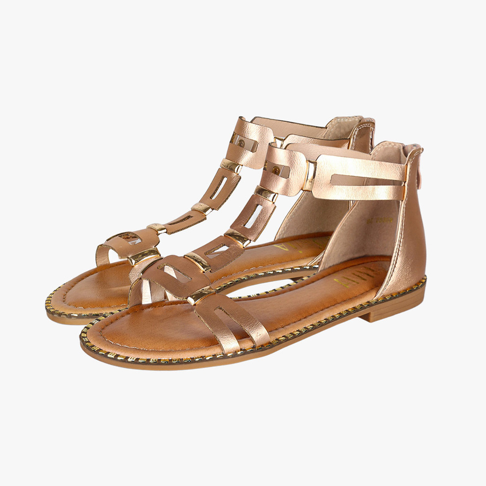 Women's rose-gold flat gladiator sandals with metallic cut-out straps, ankle zip and open toe — casual summer footwear