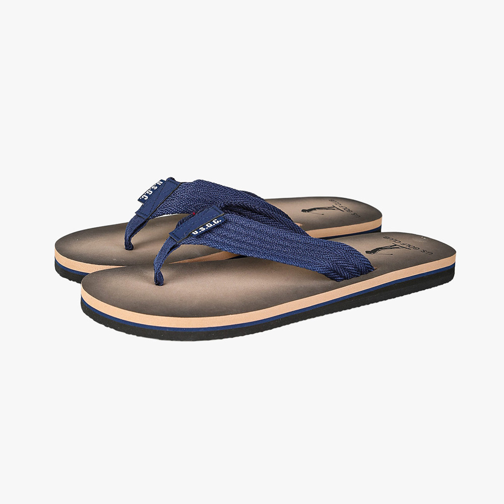 Pair of men's brown foam flip-flops with navy fabric toe straps and tan-and-black layered soles