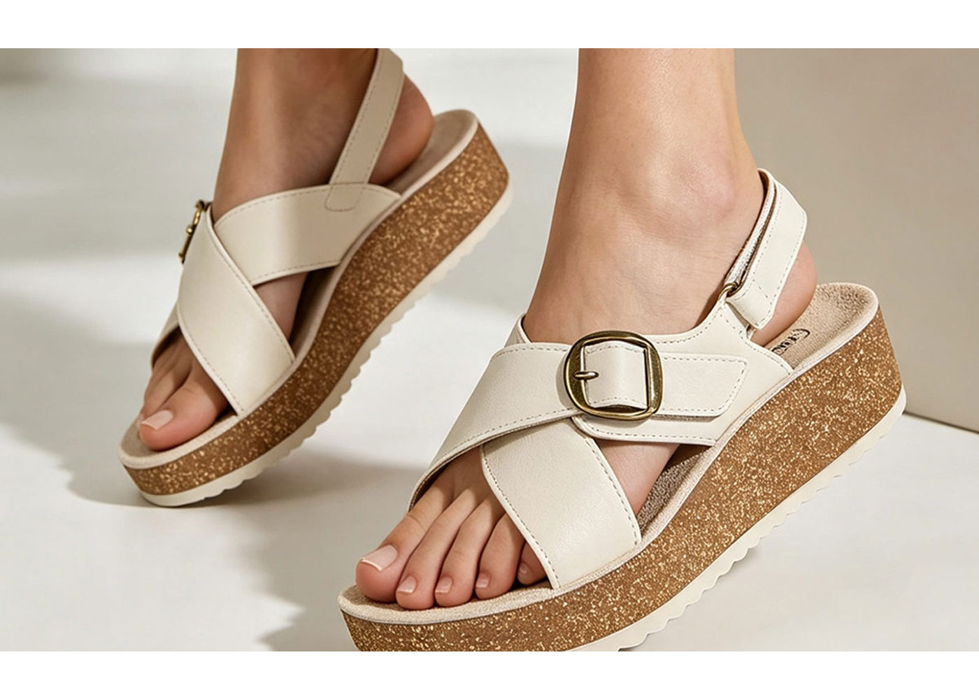 Cream leather cross-strap platform cork sandals with gold buckle and slingback, shown on bare feet