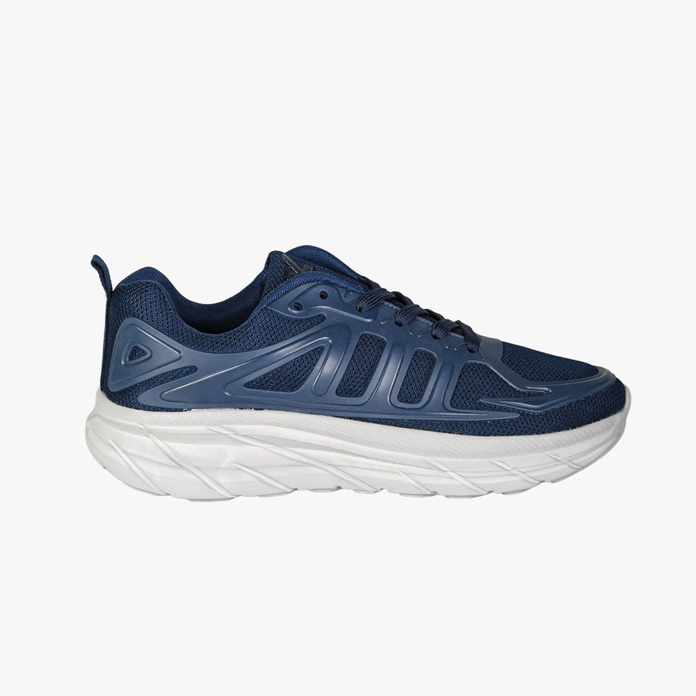 Side view of navy blue lace-up running trainer with breathable mesh upper and thick white cushioned sole