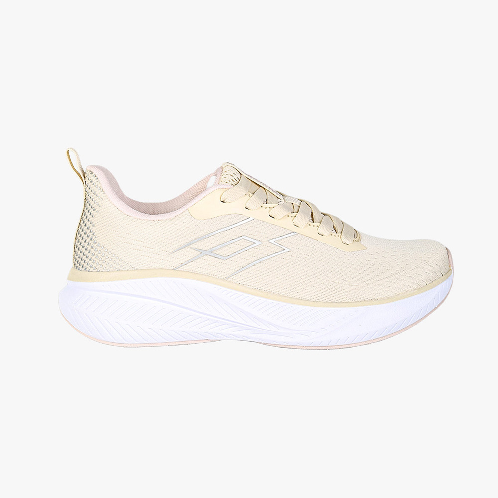 Cream women's running trainer, breathable mesh upper, lace-up design and cushioned white sole, side view product shot