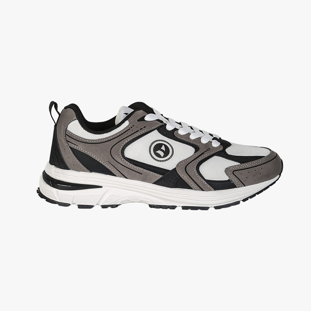 Side profile of a grey, white and black men's running trainer with cushioned sole and lace-up design on white background