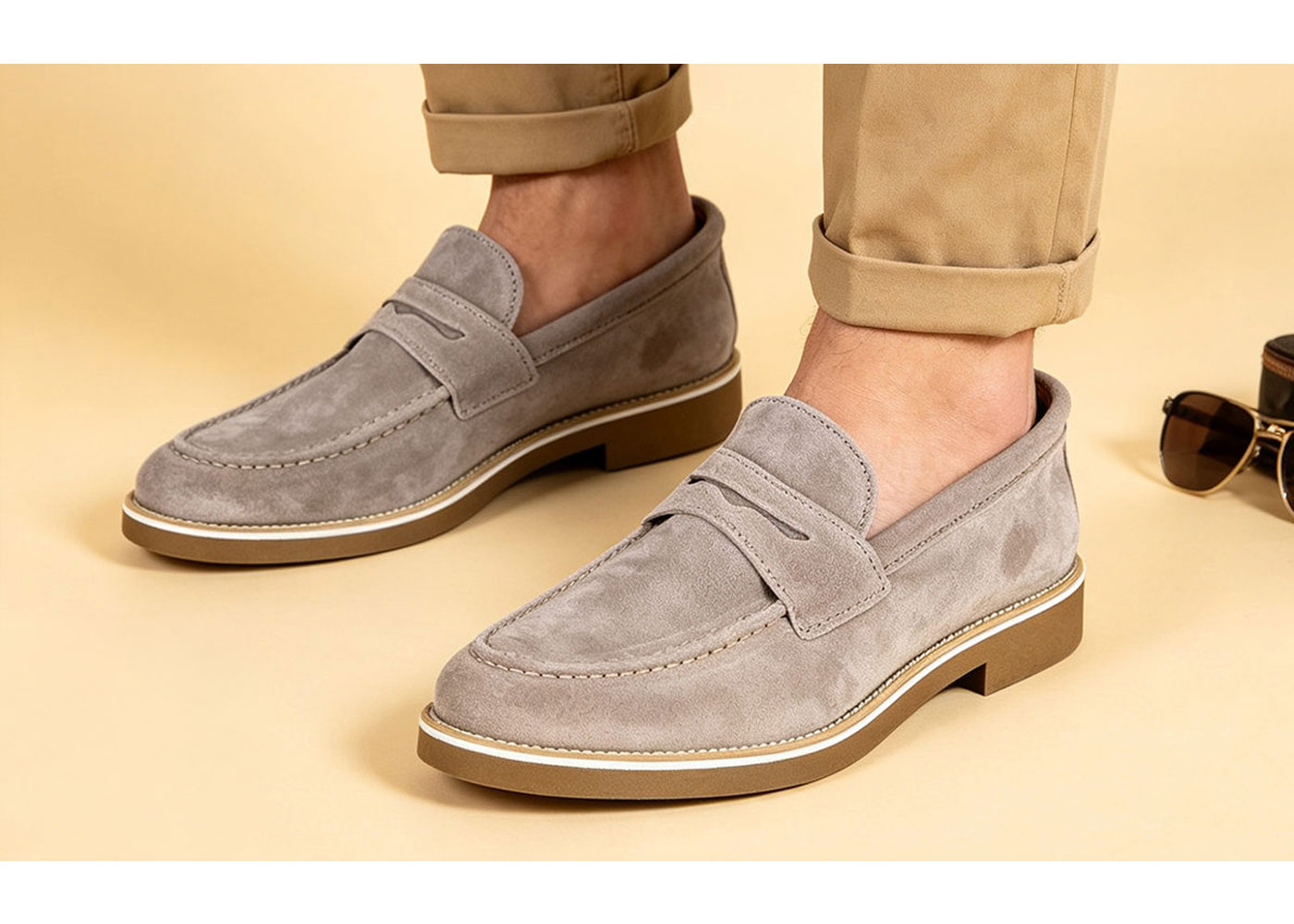 Men's grey suede penny loafers with gum sole worn with rolled khaki chinos and sunglasses nearby