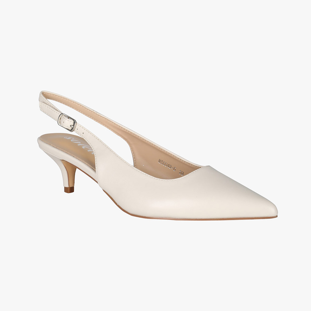 Cream leather pointed-toe slingback with adjustable buckle and low kitten heel, women's court shoe