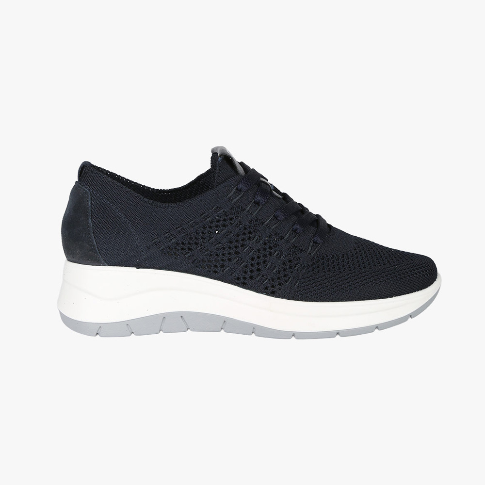 Side view of navy knitted lace-up trainer with breathable mesh upper and white chunky sole