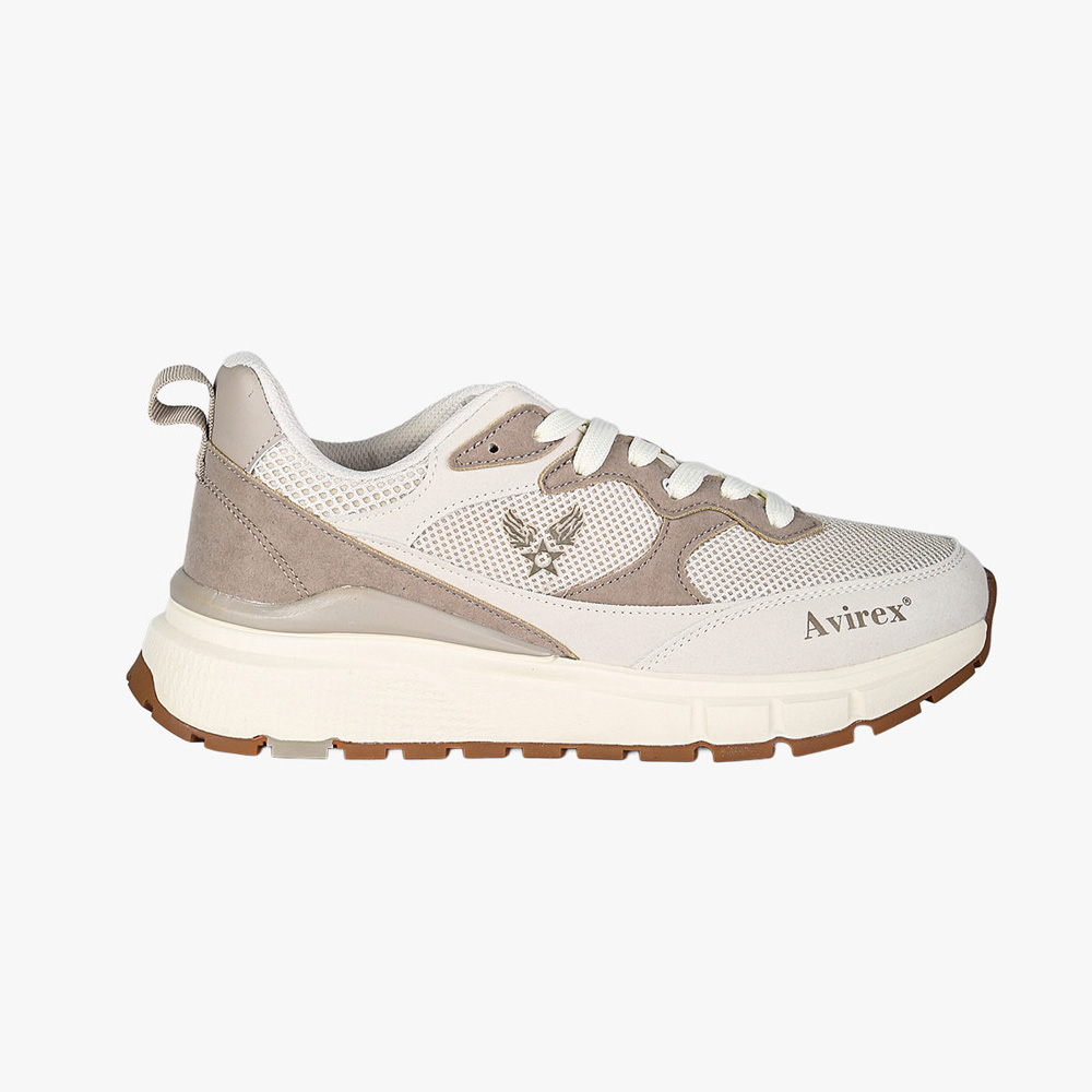 Side view of cream and beige Avirex breathable mesh and suede trainer with chunky white sole