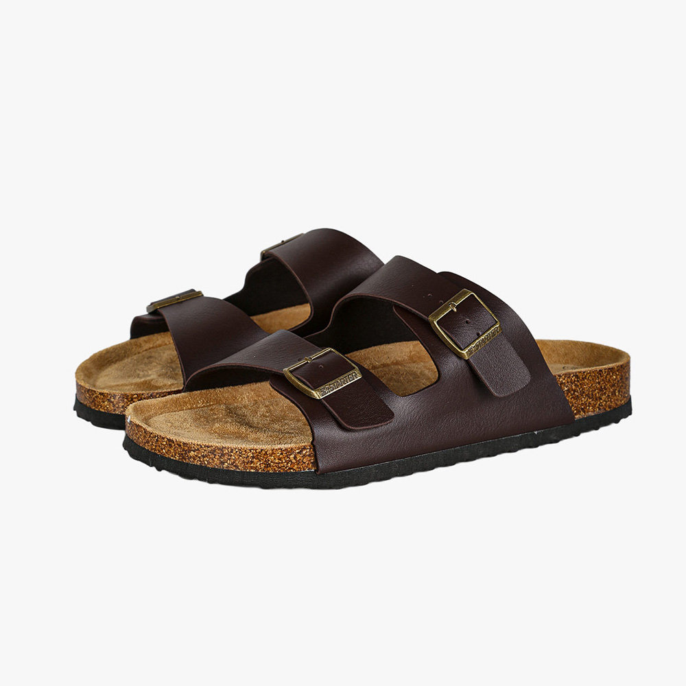 Brown leather cork-footbed sandals with double adjustable brass buckles and suede footbed