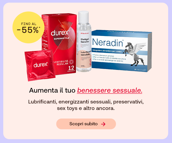 “Prodotti per il benessere sessuale, tra cui Durex, Redcare Lubrificante Sensitiv e Neradin, con offerta fino al -55%. Testo: ‘Aumenta il tuo benessere sessuale’ con pulsante ‘Scopri subito’.” “Prodotti per il benessere sessuale, tra cui Durex, Redcare Lubrificante Sensitiv e Neradin, con offerta fino al -55%. Testo: ‘Aumenta il tuo benessere sessuale’ con pulsante ‘Scopri subito’.”