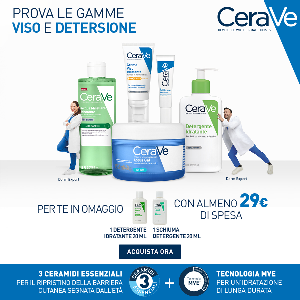 Prova le gamme viso e detersione di CeraVe: in omaggio 1 detergente idratante 20ml e 1 schiuma detergente 20ml