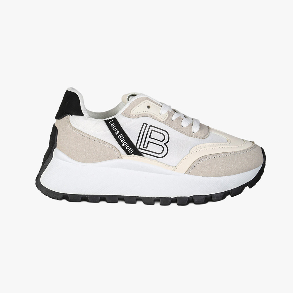 Side view beige and white chunky trainer with black 'B' logo and Laura Biagiotti tag