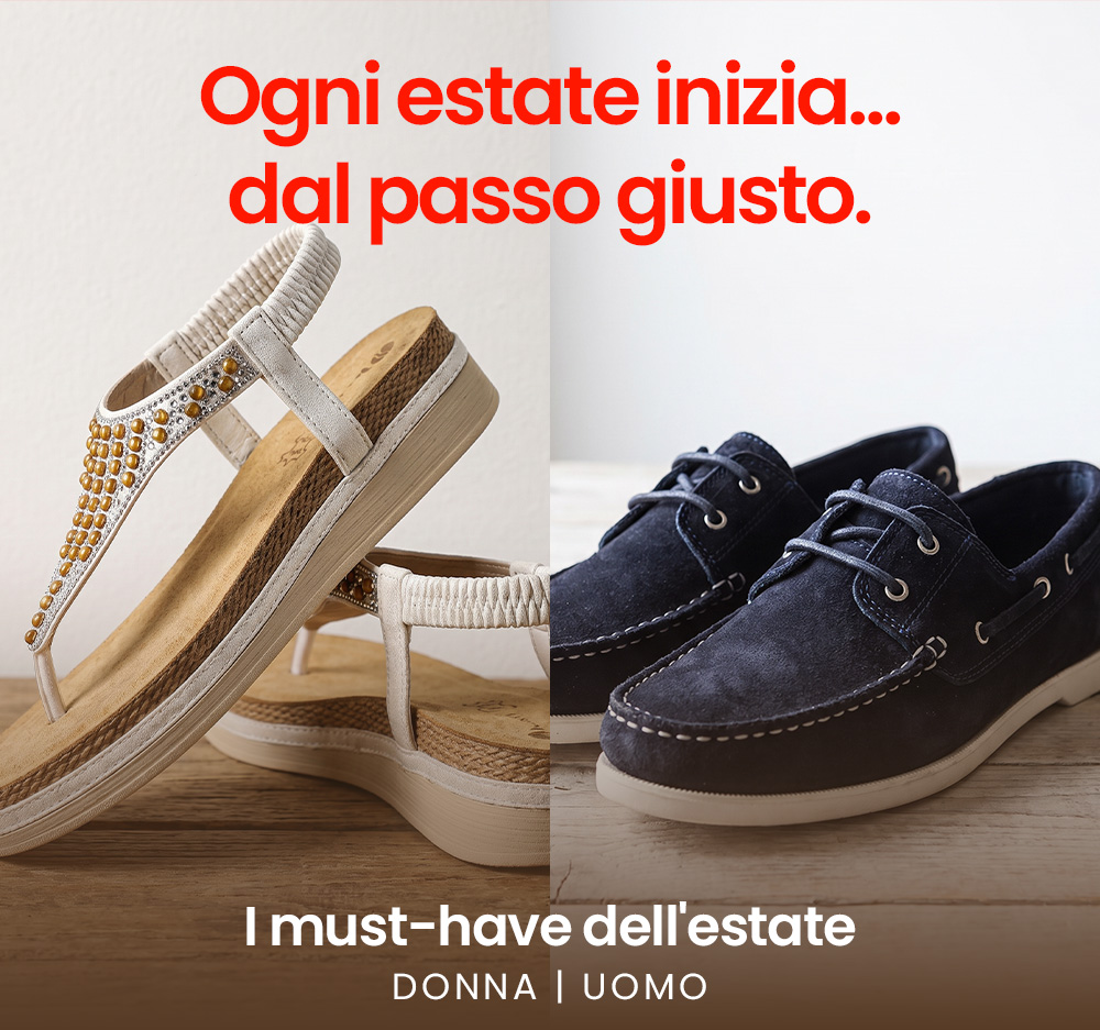 Banner of women's beaded white sandals and men's navy suede boat shoes on wooden floor — summer must-have footwear for women and men