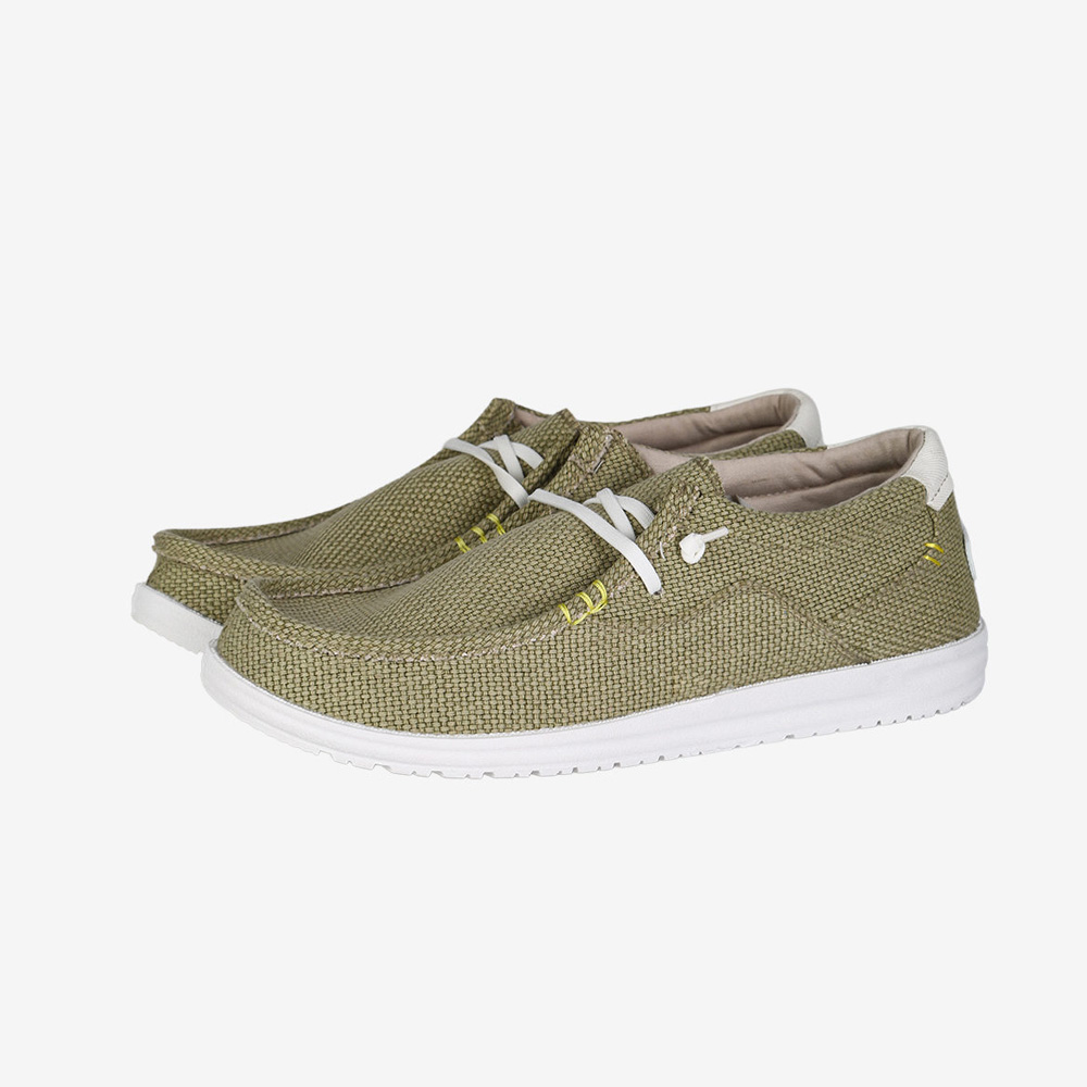 Pair of olive-green woven casual boat shoes with white laces and white rubber soles, side view