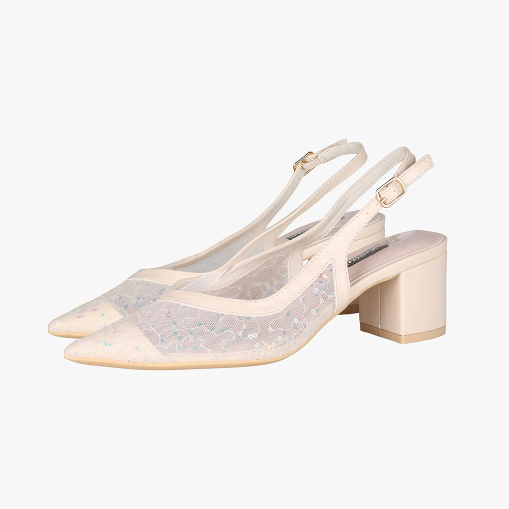 Pair of beige mesh slingback block-heel court shoes with pointed toes, sequin embroidery and adjustable gold buckles