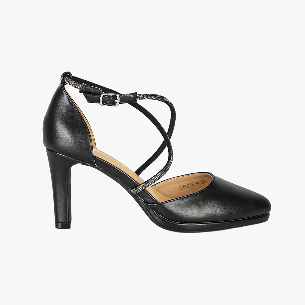Black leather mid-heel court shoe with criss-cross sparkling ankle straps and buckle