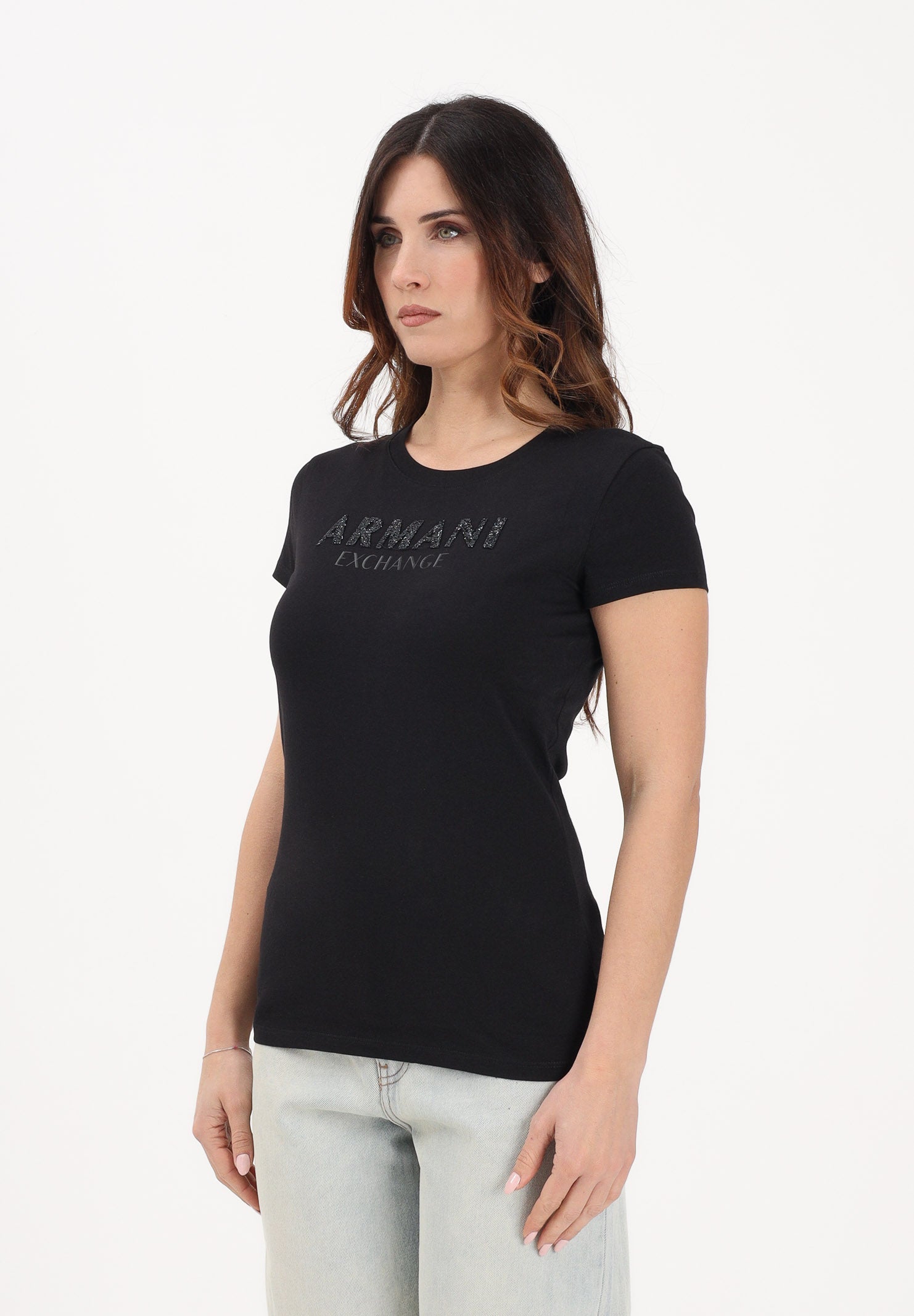 Image of ARMANI EXCHANGE T-shirt a manica corta nera da donna con logo in strass