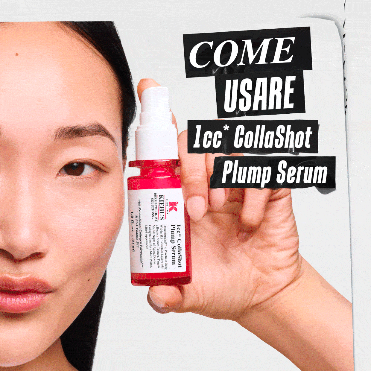 Donna mostra Kiehl's CollaShot Plump Serum. Scritta: Come usare 1cc* CollaShot Plump Serum