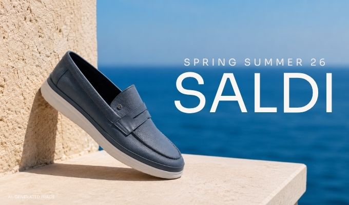 Blue men's slip-on loafer on a stone ledge by the sea with 'Spring Summer 26 SALDI' sale text