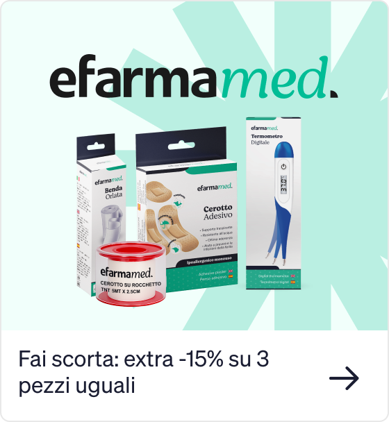 Efarmamed first-aid products including adhesive plasters, crepe bandage, roll plaster and digital thermometer with 15% off offer