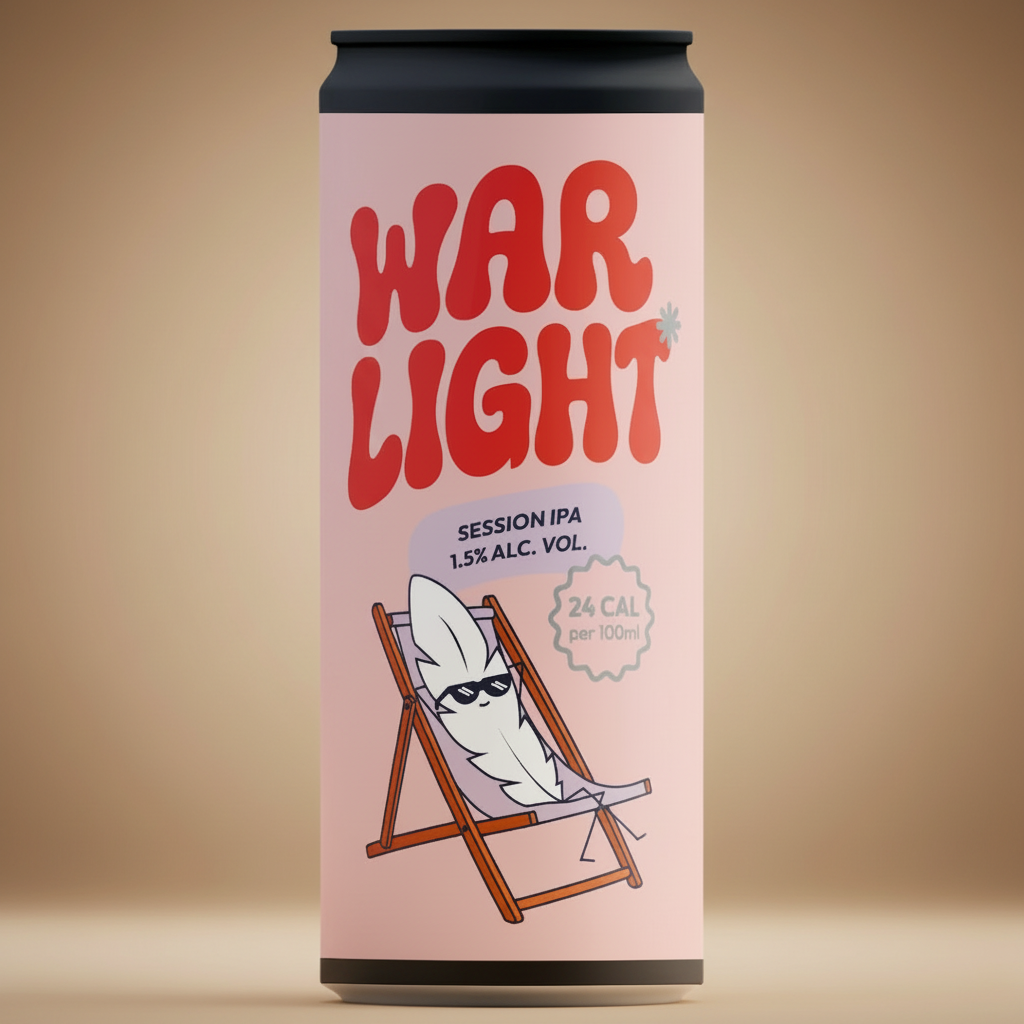 A can of "War Light" session IPA with a cartoon feather relaxing on a beach chair.