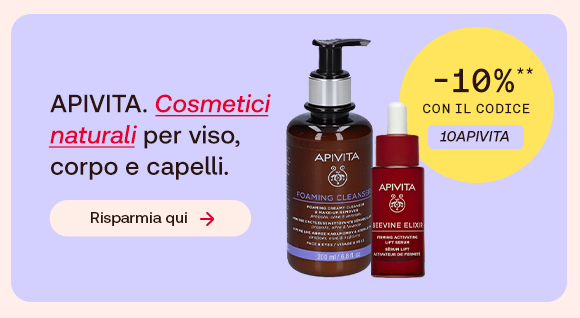 “Prodotti Apivita per la cura di viso, corpo e capelli su sfondo lilla. Testo: ‘APIVITA. Cosmetici naturali per viso, corpo e capelli’. Offerta -10% con codice 10APIVITA e pulsante ‘Risparmia qui’.” “Prodotti Apivita per la cura di viso, corpo e capelli su sfondo lilla. Testo: ‘APIVITA. Cosmetici naturali per viso, corpo e capelli’. Offerta -10% con codice 10APIVITA e pulsante ‘Risparmia qui’.”