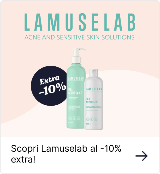 LamuseLab acne and sensitive skin products - two bottles with 'Extra -10%' discount badge