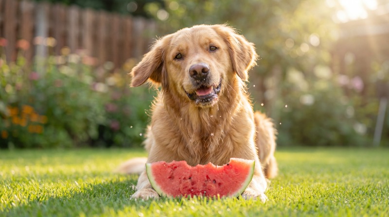 Golden retriever lying on grass with a bitten watermelon slice, juice dripping, in a sunlit garden