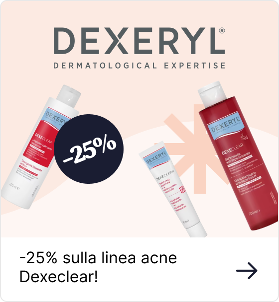 Dexeryl Dexeclear acne skincare range bottles displayed with 25% off badge, promotional sale banner