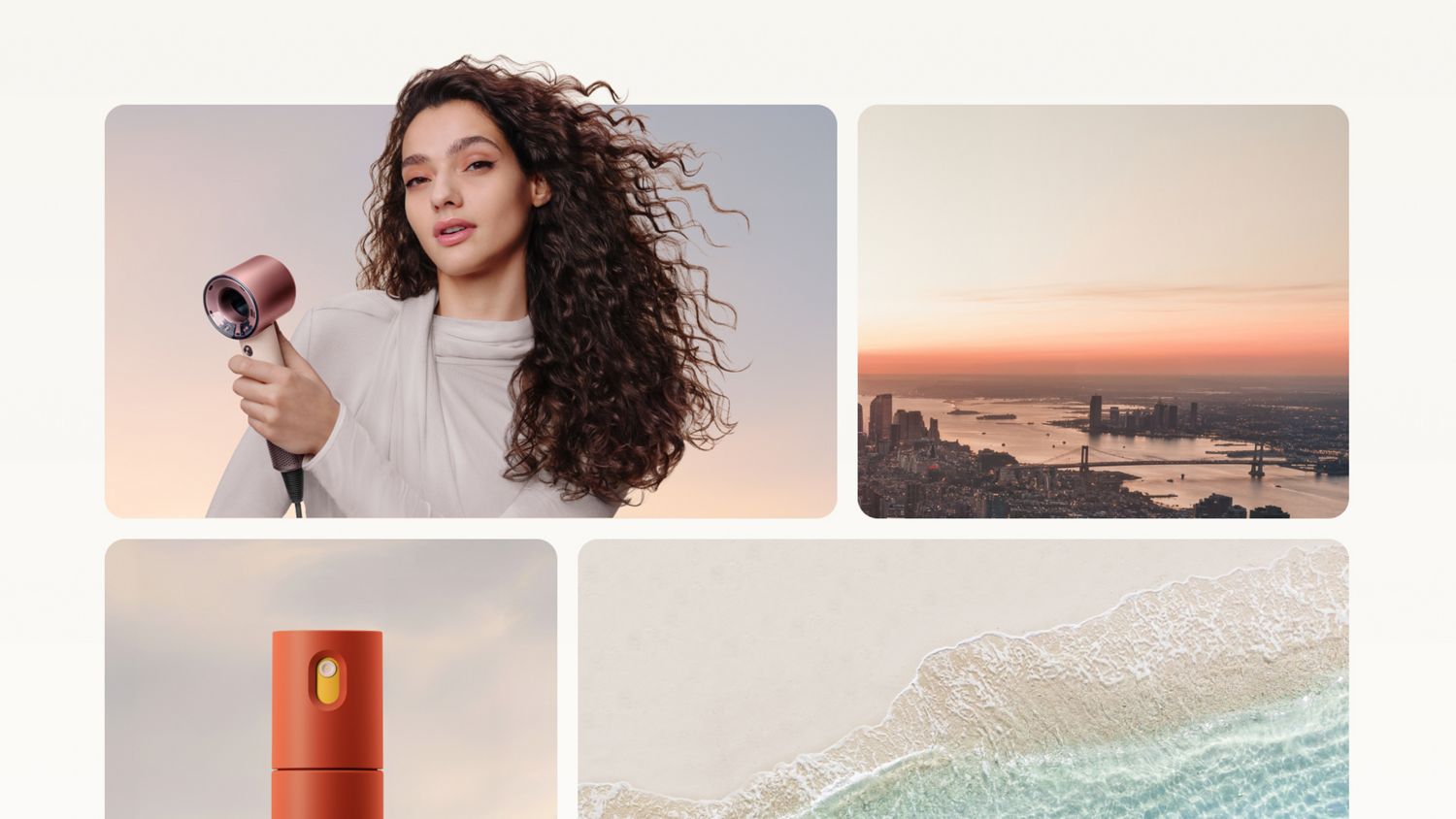 Collage mit Dyson Supersonic Travel Haartrockner, Omega Leave-in-Pflegespray und Reisezielen.