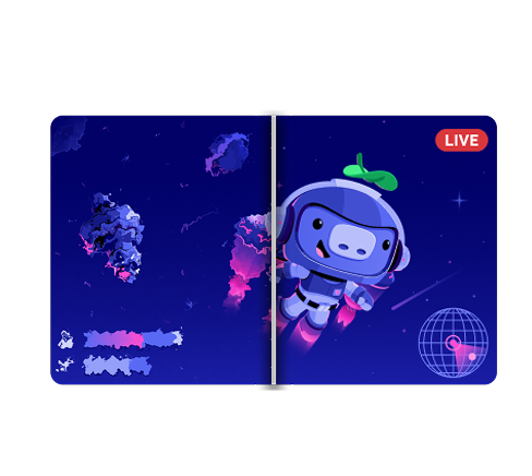 Una grafica a schermo diviso contrasta una scena spaziale pixelata con la trasmissione viola dell'astronauta Wumpus e la sovrapposizione del globo.