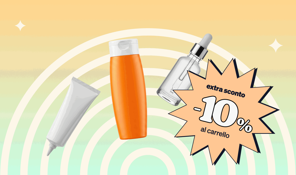 Promotional banner with skincare tubes and serum bottles over pastel rainbow background, starburst showing "-10%" discount