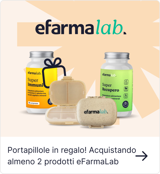 eFarmaLab supplements: two bottles labelled Super Immuni and Super Recupero with a free branded pillbox gift