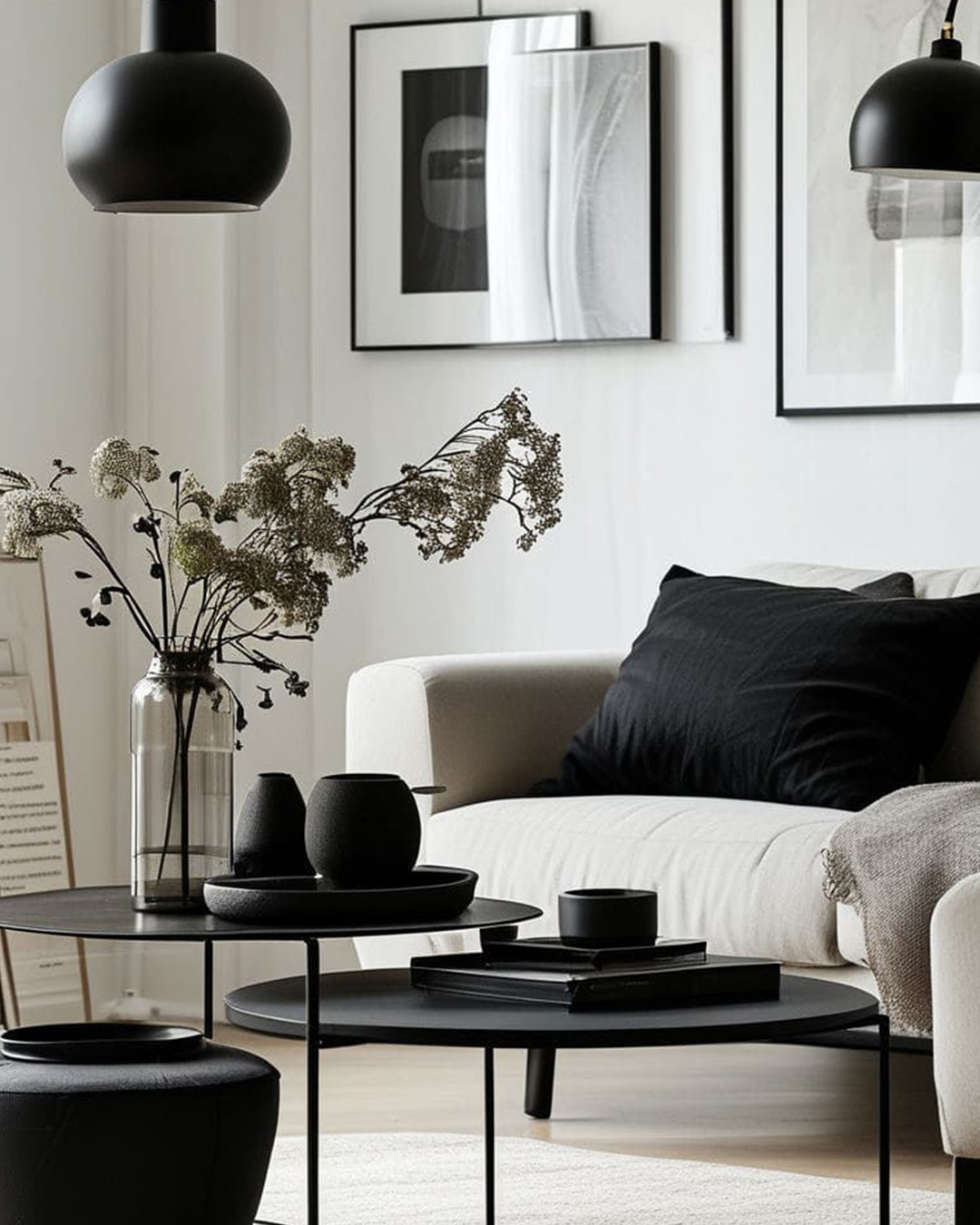 Minimalist living room with neutral sofa, black cushions, round nesting coffee tables, pendant lights and dried flowers in a glass vase