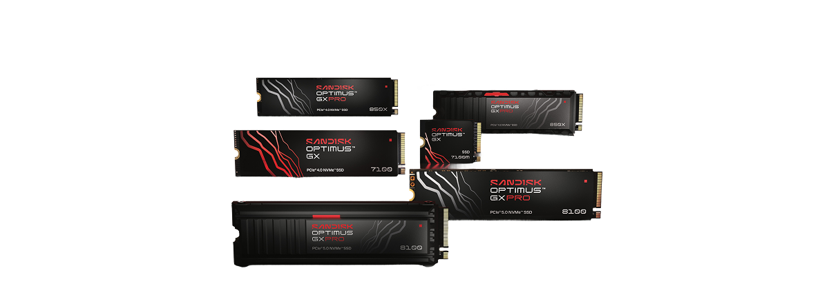 Collezione della linea di prodotti SANDISK Optimus, tra cui GX e GX PRO con e senza dissipatore di calore.