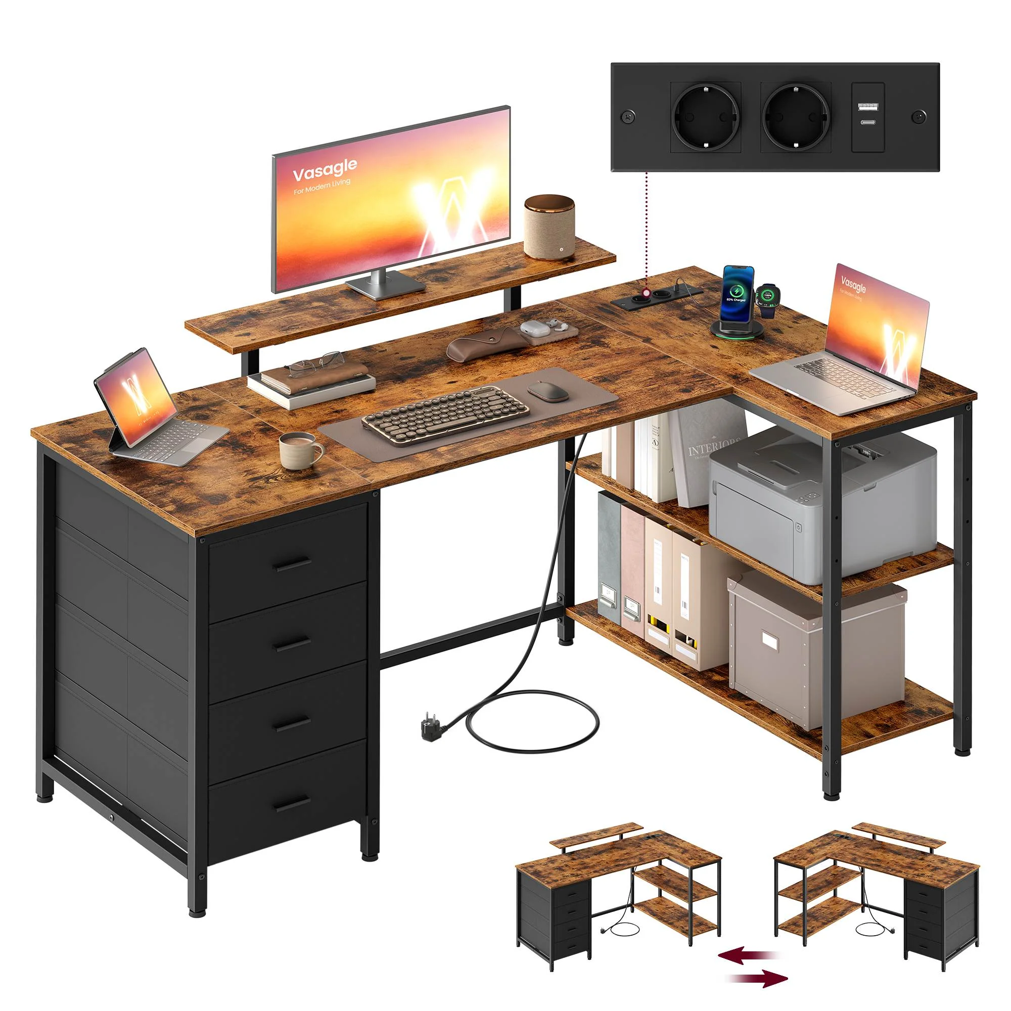 Image of Scrivania angolare a L con prese di corrente scrivania da gaming