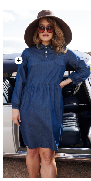 Abito in denim, taglio svasato, colletto classico, taschini sul petto