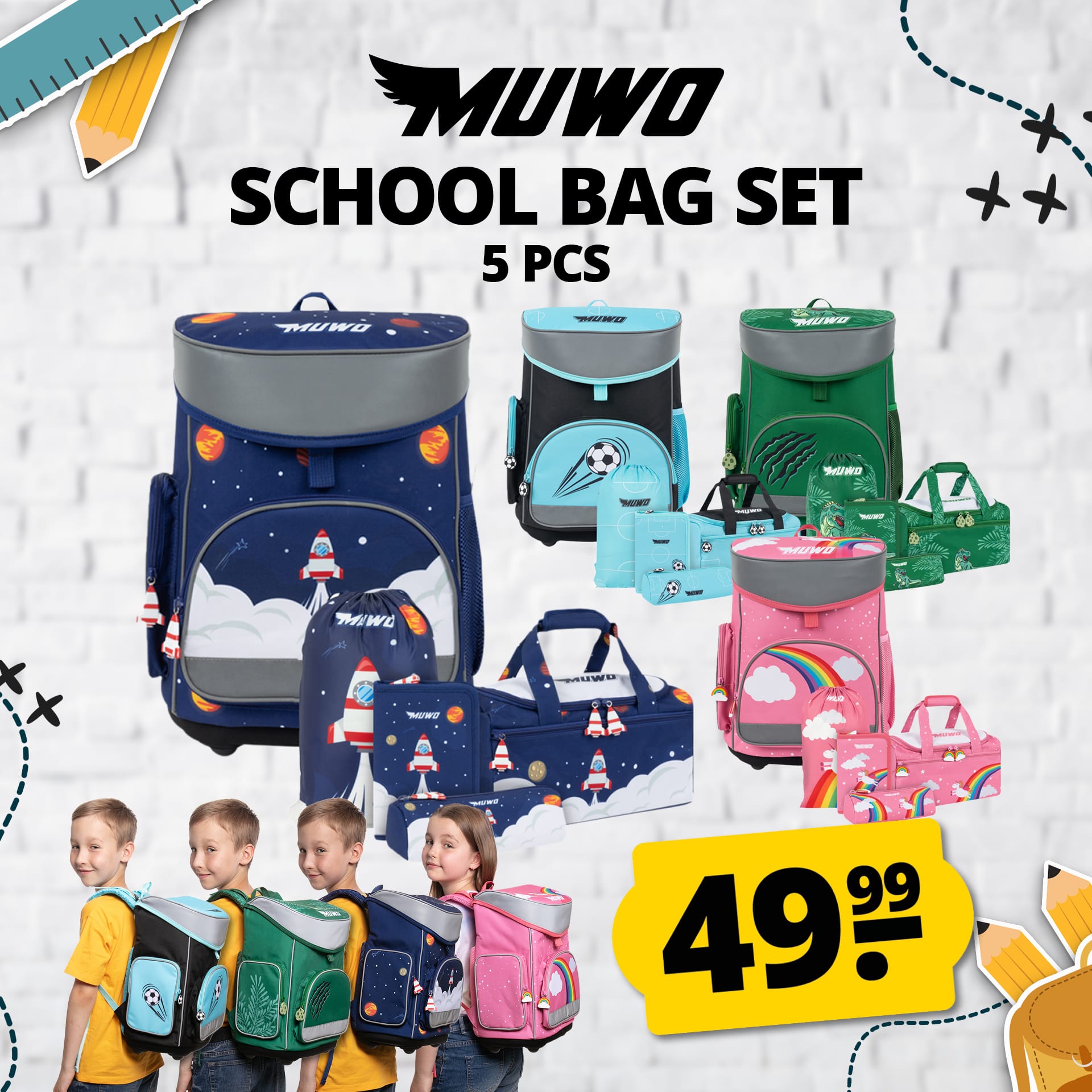 muwo lil pirate bambini cartella set 5 pezzi