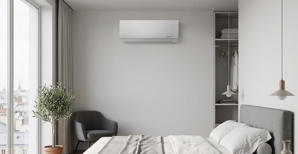 Minimalist bedroom with wall-mounted air conditioner above a grey upholstered bed, armchair, potted plant and large window city view