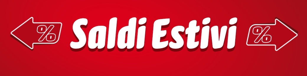 Red banner with white text 'Saldi Estivi' flanked by percentage arrows, advertising summer sales promotion