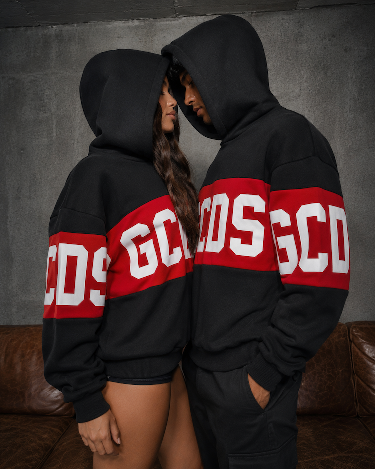 GCDS Felpa con cappuccio nera/red per bambino e bambina con logo iconico