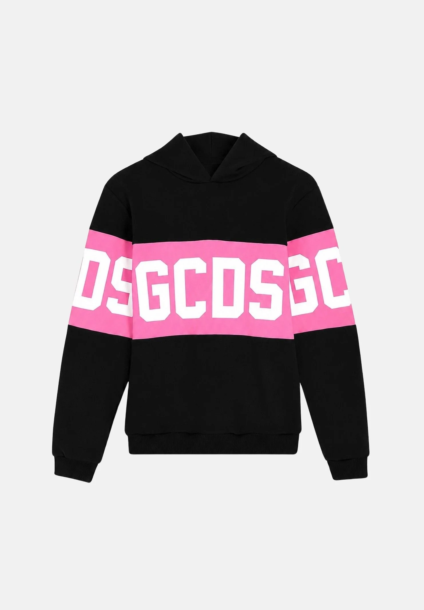 Image of GCDS Felpa con cappuccio nera e rosa per donna, ragazzi e bambini con logo frontale e maxi grafica