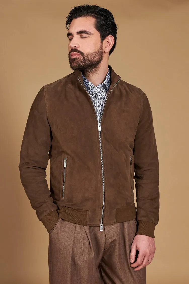 Image of Giubbotto bomber in pelle camoscio fango tono su tono