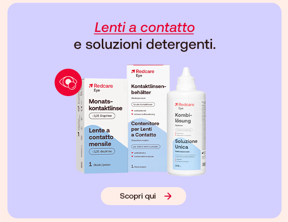 &ldquo;Prodotti Redcare Eye per lenti a contatto, contenitore e soluzione unica su sfondo lilla. Testo: &lsquo;Lenti a contatto e soluzioni detergenti&rsquo; con pulsante &lsquo;Scopri qui&rsquo;.&rdquo;