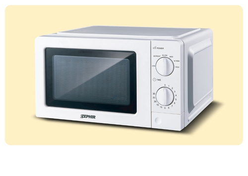 White countertop microwave oven (Zephir) with glass door and manual dial dials on a cream background
