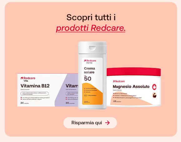 &ldquo;Prodotti Redcare, tra cui Vitamina B12, Crema Solare SPF 50 e Magnesio Assoluto, su sfondo rosa. Testo: &lsquo;Scopri tutti i prodotti Redcare&rsquo; con pulsante &lsquo;Risparmia qui&rsquo;.&rdquo;