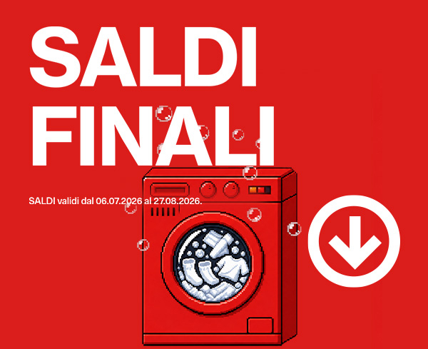 SALDI FINALI. Lavatrice rossa con capi all'interno e freccia verso il basso.