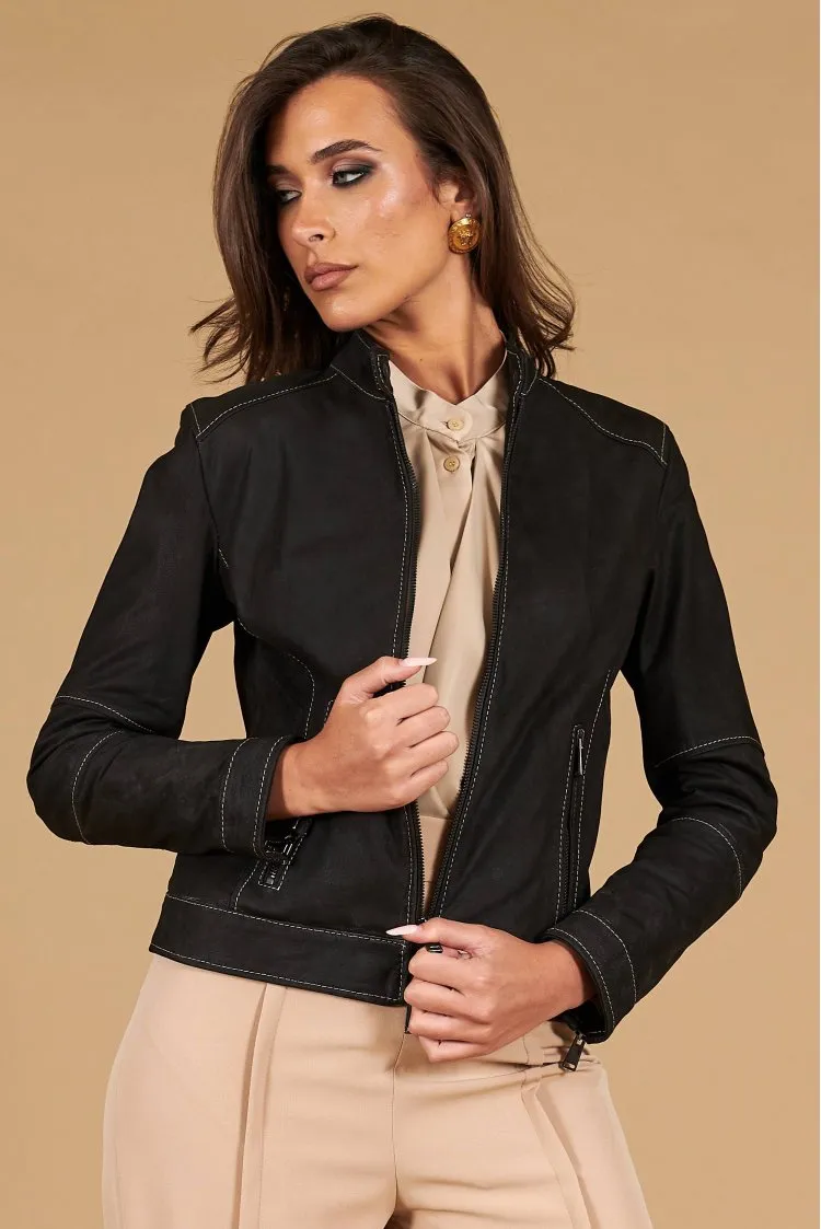 Image of Giacca in pelle nubuck testa di moro con impunture a contrasto