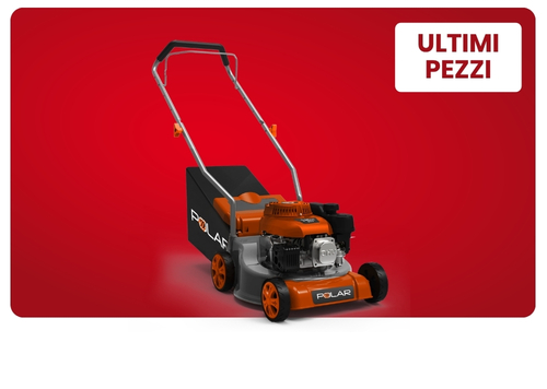 Orange Polar petrol lawn mower with grass collector on red background, front three-quarter view