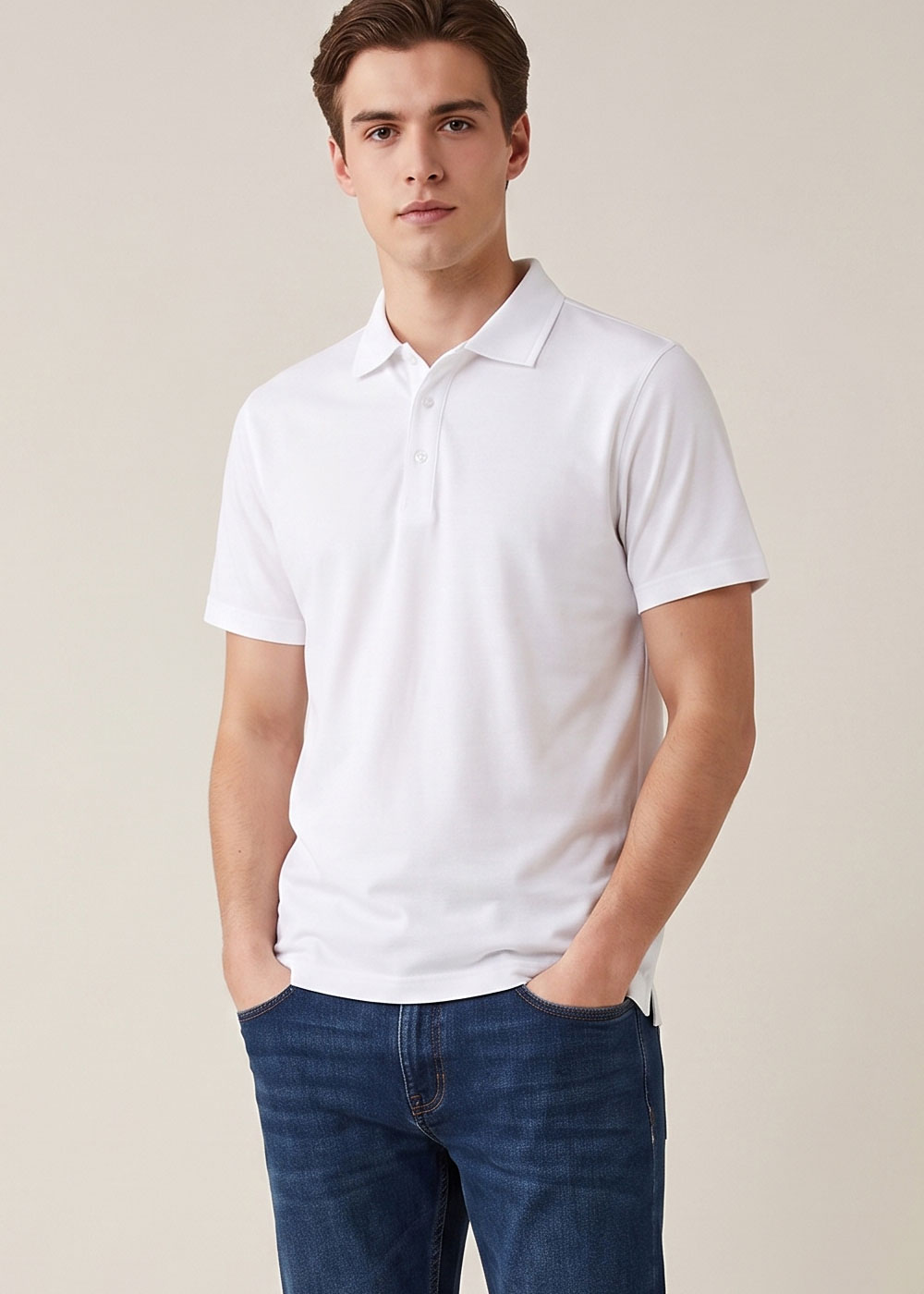 Young man wearing a white short-sleeve polo shirt and blue jeans, hands in pockets against a plain beige background